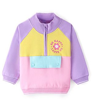 Babyhug Cotton Knit Full Raglan Sleeves High Neck Sweatshirt with Cut & Sew Design & Floral Print -  Pink