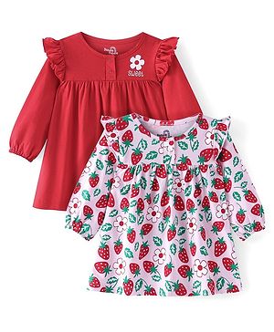 Doodle Poodle Single Jersey Knit Full Sleeves Frill Detailed Frock With Strawberries & Floral Print Pack Of 2 - Red & Light Pink