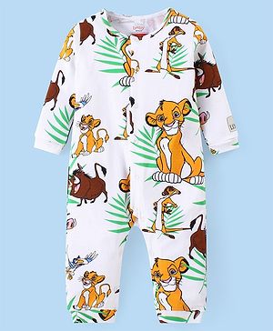 Babyhug Disney Cotton Knitted Full Sleeves Romper With Lion King Graphics - White