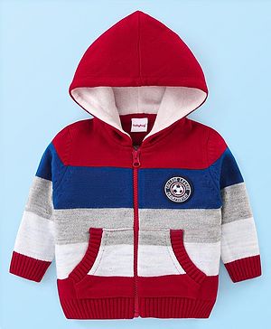 Babyhug Knitted Full Sleeves Hooded Front Open Sweater with Colour Block Design & Patch Applique - Red