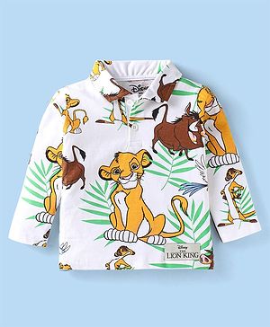 Babyhug Disney Single Jersey Knit Full Sleeves Polo T-shirt With Simba & Friends Print - White