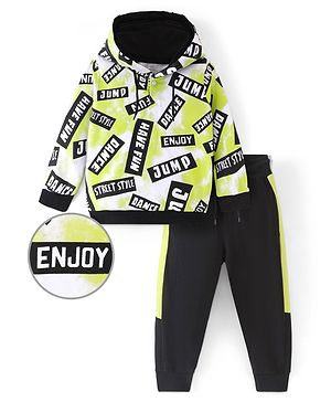 Ollington St. 100% Cotton Knit Full Sleeves Hooded Sweatshirt & Joggers Set With Text Print - Green & Black