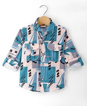 Rikidoos Full Sleeves Abstract Printed Ribbed Shirt - Blue