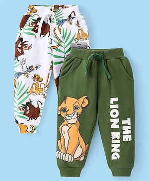 Babyhug Disney Cotton Knit Full Length Lounge Pants With Lion King Graphics & Badge Detailing Pack Of 2 - Green & White