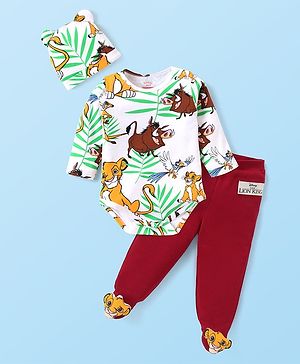 Babyhug Disney Interlock Knit Full Sleeves Onesie with Leggings & Cap Lion King Graphic & Badge Detailing -Dark Red & White