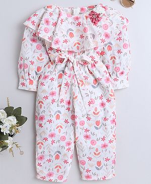 Twetoons Woven Full Sleeves Full Length Jumpsuit With Floral Applique & Print with Frill Detailing- Pink