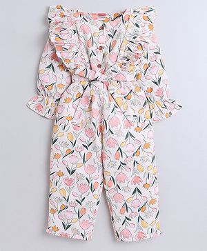 Twetoons Woven Full Sleeves Full Length Jumpsuit With Floral Print & Frill Detailing-Baby Pink