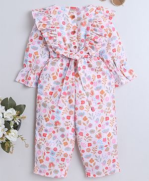 Twetoons Woven Full Sleeves Full Length Jumpsuit With Floral Print & Frill Detailing- Pink