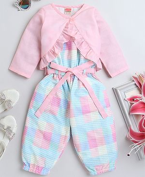 Twetoons Woven Checkerd Jumpsuit With Full Sleeves Jacket - Baby Pink