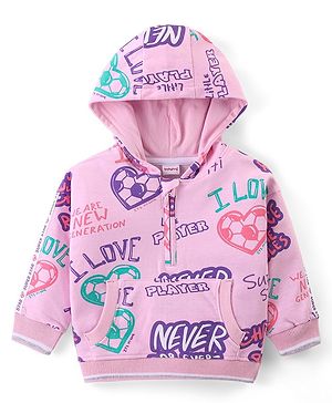 Babyhug Cotton Knit Full Sleeves Drop Shoulder Hooded Sweatshirt with Hearts Print & Kangaroo Pockets - Pink
