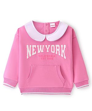 Babyhug Cotton Knit Full Sleeves Peter Pan Collar Sweatshirt with Text Print & Kangaroo Pockets - Pink