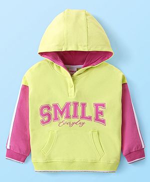 Babyhug Cotton Knit Full Sleeves Drop Shoulder Hooded Sweatshirt With Text Print & Kangaroo Pockets - Limegreen & Pink
