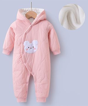 Kookie Kids Full Sleeves Winter Wear Hooded Romper with Bear Patch & Ear Applique - Pink