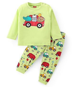 Babyhug Cotton Knit Full Sleeves Crocodile & Bear Printed Night Suit - Light Green