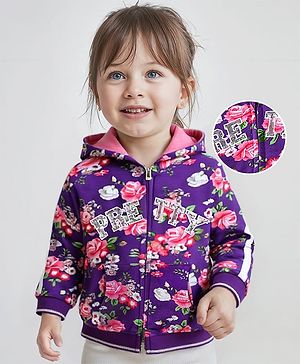Babyhug Cotton Knit Full Sleeves Hooded Front Open Sweatjacket with Floral Print & Sequin Embroidery - Purple