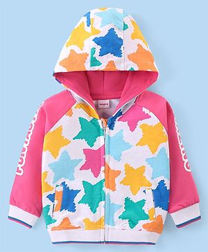 Babyhug Cotton Knit Full Raglan Sleeves Front Open Hooded Sweatjacket with Stars Print - Pink & White