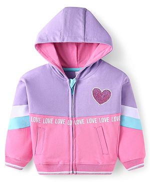 Babyhug Cotton Knit Full Sleeves Hooded Sweat Jacket With Sequin Heart Detailing - Purple & Pink