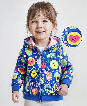 Babyhug Cotton Knit Full Sleeves Hooded Sweatjacket with Fruits & Heart Print - Blue