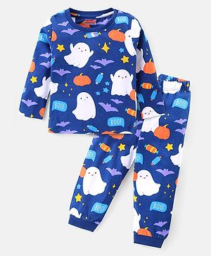 Babyhug Cotton Knit Full Sleeves Night Suit With Halloween Theme Print - Navy