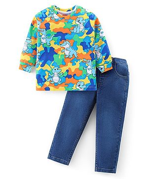 Babyhug Cotton Knit Full Sleeves Dino & Croc Printed T-Shirt With Denim Jeans - Blue