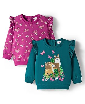 Babyhug Cotton Knit Full Sleeves Sweatshirts With Floral & Deer Print Pack of 2 - Purple & Teal Blue