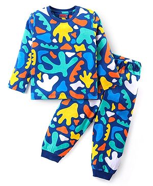 Babyhug Cotton Knit Full Sleeves Printed Night Suit - Navy