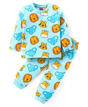 Babyhug Cotton Knit Full Sleeves Night Suit With Animals Print - Light Blue