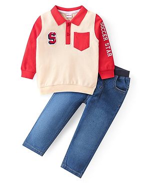 Babyhug Cotton Knit Full Sleeves Polo T-Sirt & Denim Jeans Set With Text Print - Red Off White & Blue