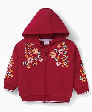 Babyhug Cotton Knit Full Sleeves Hooded Sweatjacket with Floral Embroidery & Kangaroo Pockets - Red