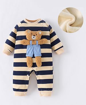 Kookie Kids Full Raglan Sleeves Striped Winter Wear Romper with Teddy Applique - Navy Blue