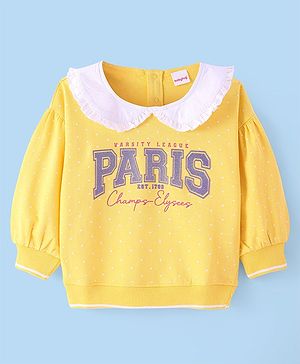 Babyhug Cotton Knit Full Sleeves Peter Pan Collar Sweatshirt with Glitter Text Print - Yellow