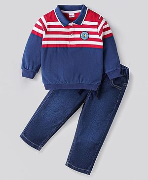 Babyhug Terry Knit Full Sleeves Striped Polo T-Shirt & Solid Denim Jeans Set With Text Patch - Navy Blue