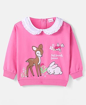 Babyhug Cotton Knit Full Sleeves Sweatshirt With Bunny Graphics & Lace Detailing - Dark Pink