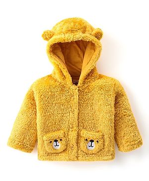 Babyhug Woven Full Sleeves Hooded Winter Jacket with Ears Applique & Animal Patch Detailing - Mustard