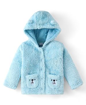 Babyhug Woven Full Sleeves Hooded Winter Jacket with Teddy Embroidery - Sky Blue
