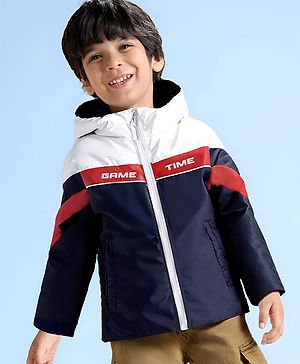 Babyhug Woven Full Sleeves Text Printed Hooded Padded Jacket With Colour Block Design - White & Navy