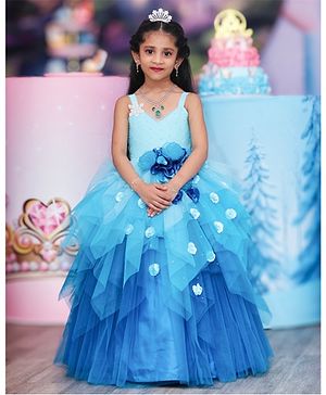 Li&Li BOUTIQUE Net Sleeveless Floral & Snowflake Applique Detailed Beads Embellished Layered Gown - Baby Blue & Sea Blue