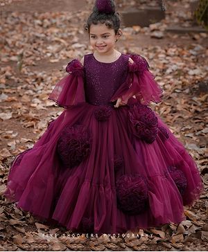 Li&Li BOUTIQUE Net Cold Shoulder Half Frilled Sleeves Hand Crafted Floral Applique Detailed & Sequins Embellished Gown - Plum & Purple