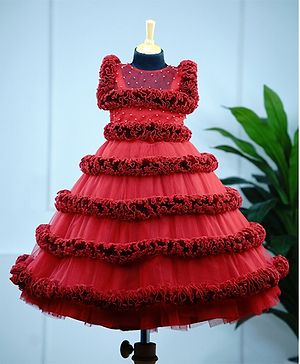 Li&Li BOUTIQUE Net Sleeveless Frill Detailed & Beads Embellished Gown With Jacket - Red & Maroon