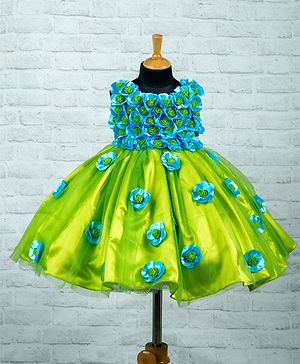 Li&Li BOUTIQUE Net Sleeveless Hand Crafted Floral Applique Detailed Gown - Lime Green & Light Blue