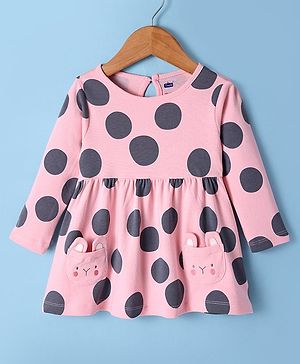 Simply Interlock Full Sleeves Frock With Polka Dots Print & Pocket Applique Detailing - Baby Pink