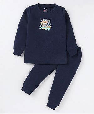 Simply Full Sleeves Thermal Vest & Pant Set Bear Print - Navy Blue