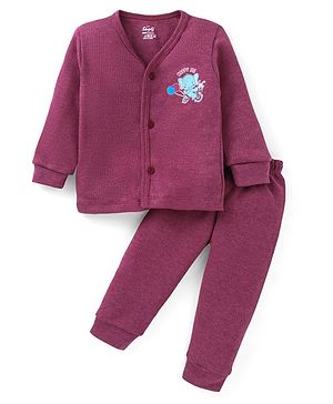 Simply Cotton Knit Full Sleeves Front Open Thermal Vest & Pant Set With Elephant Print - Dark Red