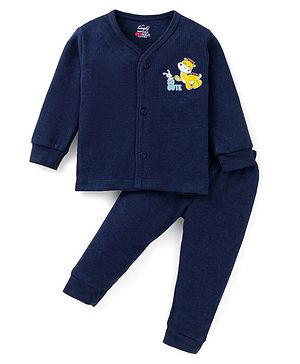 Simply Cotton Knit Full Sleeves Front Open Thermal Vest & Pant Set With Rabbit Print - Navy Blue