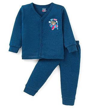 Simply Cotton Knit Full Sleeves Front Open Thermal Vest & Pant Set With Dog Print - Navy Blue