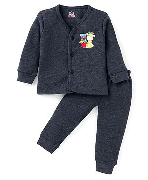 Simply Cotton Knit Full Sleeves Front Open Thermal Vest & Pant Set With Animals Print - Black