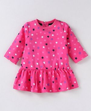 Simply Fleece Knit Full Sleeves Winter Frock With Stars Print - Dark Pink