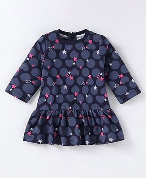 Simply Fleece Knit Full Sleeves Winter Frock With Hearts & Stars Print - Navy