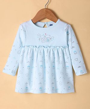 Simply Interlock Full Sleeves Frock With Teddy Print - Light Blue