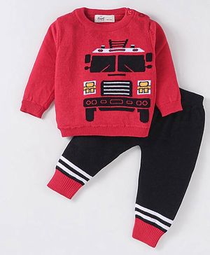 Simply Knitted Full Sleeves Pullover Sweater Set With Bus Design - Red & Black